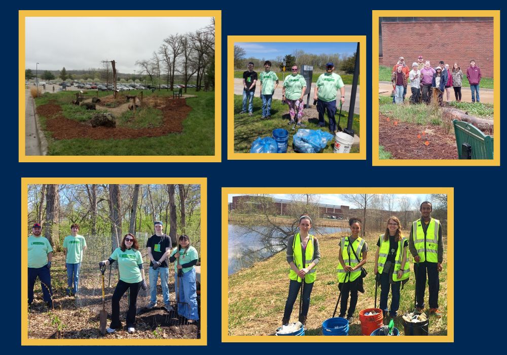 Five images in a gallery framed with gold on a navy blue background. These images include different groups of 易胜博 students in nature with shovels, pales, garbage bags, and rakes.