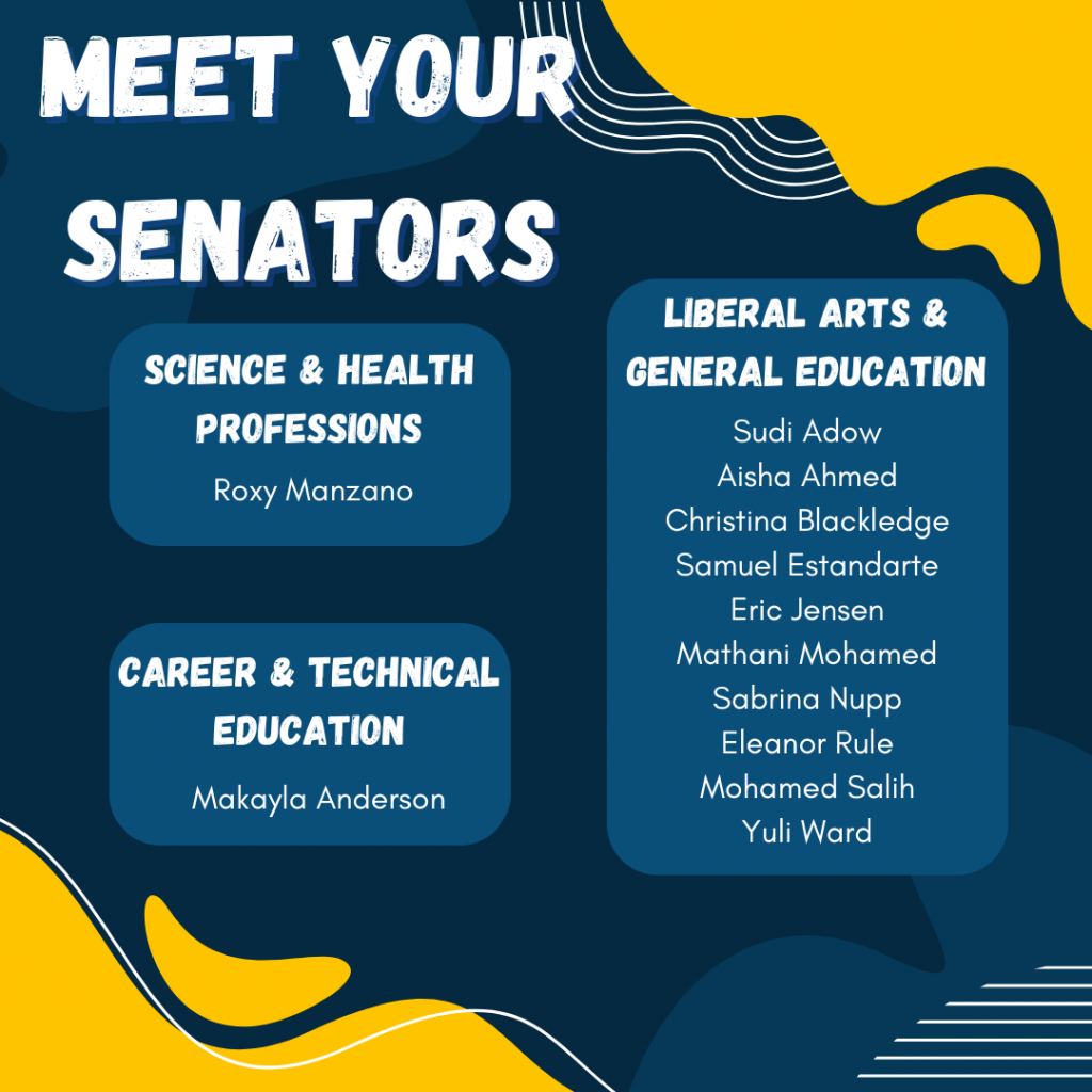 Meet Your Senators--Science & Health Professions: Roxy Manzano Career & Technical Education: Makayla Anderson Liberal Arts & General Education: Sudi Adow, Aisha Ahmed, Christina Blackledge, Samuel Estandarte, Eric Jensen, Mathani Mohamed, Sabrina Nupp, Eleanor Rule, Mohamed Salih, Yuli Ward